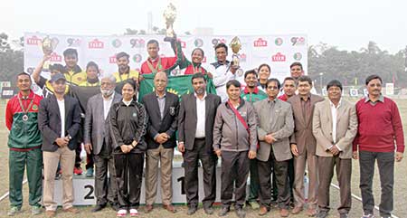 Champions of the ninth edition of National archery championship along with officials pose for the photo after the prize giving ceremony at the Archery Training Centre, Shaheed Ahsanullah Master Stadium, Tongi in Gazipur on Thursday.      photo: Observer DESK