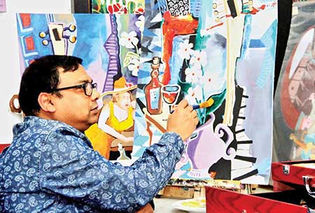 Portraying themes through Pop Genre Takir Hossain Arifur Rahman is a passionate and one of the earnest Bangladeshi expatriate painters. From his childhood, art has been keenly connected with his umbilical cord. He was one of the pioneer students of Narayanganj Charukala. He was born and raised on the banks of the Shitalakkhya River. It is very natural that as a painter Arifur was greatly influenced by his surrounding ambiance during the early period. During that time, his mode of expression was purely realistic and the painter went into the details of his subjects. The quiet and serene location tremendously influenced him and he painted tranquil nature, the splendour of the river and the simple people who were really detached from the urban life. Arifur did not grow up in an artistic ambience but he discovered his creativity through art. During that time, he started to detect the imaginative world and documented his vision and observation. He initially obtained his art education from Chitrokala Niketon in Narayanganj where he got the chance to discover his creativity. Afterwards he involved himself with the establishment of Narayanganj Charukala where celebrated painter Samiran Chowdhury was the key planner. Arifur was the first Vice President of Students Union of Narayanganj Charukala. He cherished the position from 1995 to 2003. During that period, many students got admitted at the institute and the art institute became a household name for the Narayanganj locale. After a few years, Arifur migrated to Montreal in Canada for better living. But his concealed creativity flourished tremendously there. He established Shishu Charu Niketon and started to provide art education for children of different ages in the area. He has successfully run the institute till now. When Arifur feels saddened or delighted and his creative endeavour flourishes, brush and colours assist him to explore his inner vision. He records his pains, happiness and experiences through his canvas, which becomes a mirror of his pensive mood as reflected in his creative process. This is a clear statement about his aesthetic explorations. He is not concentrated on any particular theme, but nevertheless his themes are inextricably connected to each other. His paintings, done in oil and acrylic feature various realistic images and surrounding atmospheres of his present society. His paintings' recurrent features are blossoming flowers, flower vases, open books on table, apples, violins, nude and semi nude figures, wine bottles and glasses, tea pots and cups, breastfeeding women, longing lying women, greenery gardens and more. He also portrays pub scenes where people's activities have been focused. Some of his images denote architectural designs and shapes. He has complete freedom to identify himself for his working styles that are apparently synchronised and technically phenomenal. He wants to proceed with a certain style that can become a personal hallmark of his works. Arifur has been greatly influenced by Pop Art--- an art movement that emerged in the 1950s and flourished in the 1960s in America and Britain, drawing inspiration from sources in popular and commercial culture. Different cultures and countries contributed to the movement during the 1960s and 70s. Pop artists celebrated commonplace objects and people of everyday life, in this way seeking to elevate popular culture to the level of fine art. Perhaps owing to the incorporation of commercial images, Pop Art has become one of the most recognisable styles of modern art. It is needless to say that media has played a vital role in Arifur's works. When the artist started with art, he initially used watercolour. The medium gave him freedom and he commenced to portray lush greenery, untainted nature and aquatic life. When he migrated to Montreal, he lent from vital two mediums---acrylic and oil. But afterwards he fixed himself with solely acrylic. The artist likes to work in acrylic, which he feels is a medium where an artist gets a taste of tranquility. He is comfortable working on any size of canvas according to the painting's themes, objects and compositions. His work is elucidated by a powerful engagement with object and space, and with bold and controlled brushstrokes. Colour is the most predominant aspect in Arifur's works. Vibrant colours present a kaleidoscopic vision for the art enthusiasts. His works look very animated and vigorous because of the use of thick, abundant colours and evocative lines. In fact, his rectangular and vertical lines create varied dazzling rays with each ray possessing an individual look and language. Some of his lines have been criss-crossed over the paintings. A number of his works are engrossed with round shaped forms. The colours' intensity is very noticeable in his works. Riyazul Rizus next to be on Kangal Harinath Culture Desk Riyazul Rizu the acclaimed director of the film Bapjaner Bioscope has expressed his conviction to build his next production on Kangal Harinath. Masum Reza the National Award winning storyteller has ben roped in as the script writer. Masum Reza and Riyazul Rizu will combine forces to pen the screenplay. Kangal Harinath is known for his opposition of the notorious feudal system implemented by landowners during the British rule. The screenplay would also incorporate characters like Rabindranath Tagore, his father Debendranath Tagore, revolutionary Ishan Rai, Fakir Lalon Shah and Mir Mosharraf Hossain. The film is yet to go for production works as it is awaiting Government's grants. The director hopes the grants would be approved soon as the Prime Minister and Information Minister both are sympathetic towards rich crafts. Monipuri Theatres festival at Moulvibazar village Culture Desk Adwitia Natyaranga, a theatre fest organised by troupe Manipur Theater has started at Natyamandal of the village Ghoramara in Kamalganj, Moulvibazar. The festival will end tomorrow. Today Monipur Theatre will present the drama "Kohe Birangana" based on Michael Madhusudan Dutt's Birangana Kabbo at 6pm. Then at 7.45pm Dhaka Padatik Natya Sangsad will present the drama Gahanjatra. Tomorrow at 2.30pm Padabali Kirtan will present the drama Kirtniyi Brajrani Sinha, at 6pm Acting Space will present Novera and at 7.45pm Shadona will present the drama Sita-r Ogniporikkha. Most of the dramas have single performers. In between each drama presentations there will be musical performances in the rice fields. Bollywood star Mallika Sherawat evicted from Paris flat A French court has ordered that Bollywood actress Mallika Sherawat be evicted from an apartment in a posh part of Paris for failing to keep up with the rent. In a December 14 ruling seen by AFP, the court told Sherawat and her French husband Cyrille Auxenfans to pay 78,787 euros (USD 94,000) in rent owed and expenses, giving the green light for their furniture to be seized. The couple began renting the apartment in the pricey 16th district on January 1, 2017, for a monthly sum of 6,054 euros. But according to the owner they never paid the rent, making only a single payment of 2,715 euros. At a hearing in a Paris court on November 14, a lawyer for the couple said they were in financial difficulty. The lawyer emphasised the "irregular" nature of Sherawat's work -- an argument dismissed by the owners of the apartment who claimed she had earned tens of millions during the rental period. Neither Sherawat nor Auxenfans replied to AFP's request for comment. In mid-December the actress had denied having a Paris apartment. "It's absolutely not true, if someone has donated one to me, please send me the address," she tweeted in response to media reports about the case. The couple may appeal the eviction order. They cannot be thrown out until March 31, when a moratorium on wintertime evictions expires. Times of India
