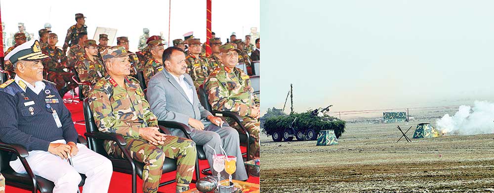 A manoeuvre exercise of Bangladesh Army "Operation Bagrothaba" was held at Swarna Dweep alias Jahaijjar Char in Noakhali on Sunday. The exercise was organised under the management of the 52 Brigade Group of 17 Infantry Division.	photo : ISPR