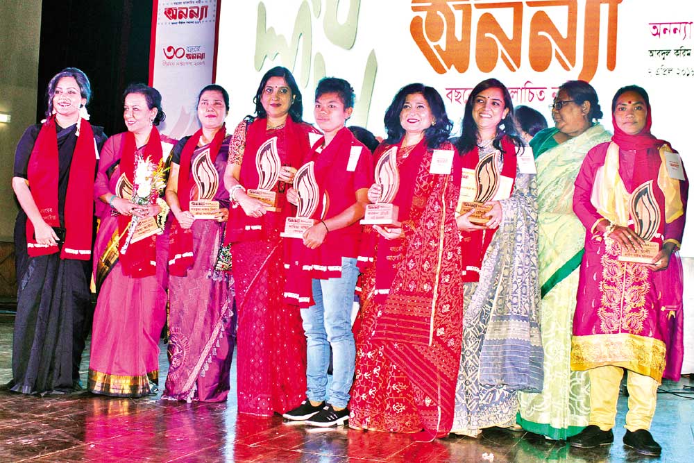 Recipients of 'Ananya Shirsha Dosh' award in the capital's Bangla Academy on Saturday. They were honoured by a fortnightly magazine, Ananya. Story on page 2. photo: Observer