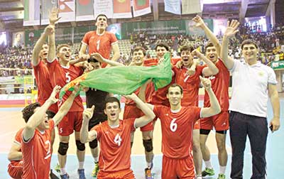 Players of Turkmenistan celebrating after clinching the Bangabandhu Asian Senior Men's Central Zone International Volleyball Championship title beating Bangladesh in the final at the Shaheed Suhrawardy Indoor Stadium in Mirpur on Friday. photo: BVF