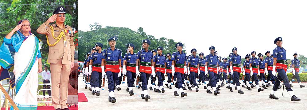 Prime Minister Sheikh Hasina taking salute at the passing-out parade of the 35th BCS batch of assistant superintendents of police (ASPs) at Bangladesh Police Academy in Sarda (Rajshahi) on Wednesday.	photo : pid