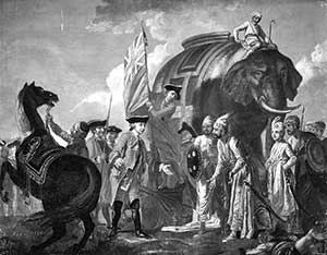An oil-on-canvas painting depicting the meeting of Mir Jafar and Robert Clive after the Battle of Plassey by Francis Hayman, 1762.