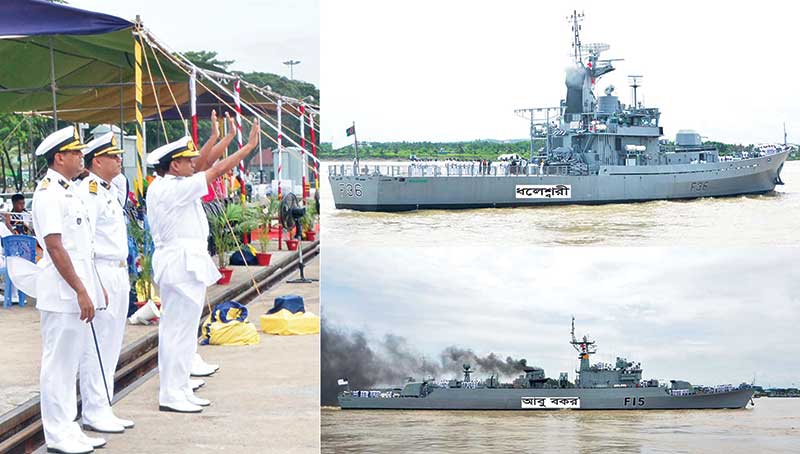Commander BN Fleet Rear Admiral M Ashraful Haq along with high officials of Bangladesh Navy see off two battleships 'Abu Bakr' and 'Dhaleshwari' that left Chittagong on Thursday to attend the six-day Indo-Bangla Coordinated Anticrime Patrol (CORPAT) to be held at Indias Vishakhapatnam. photo : ISPR
