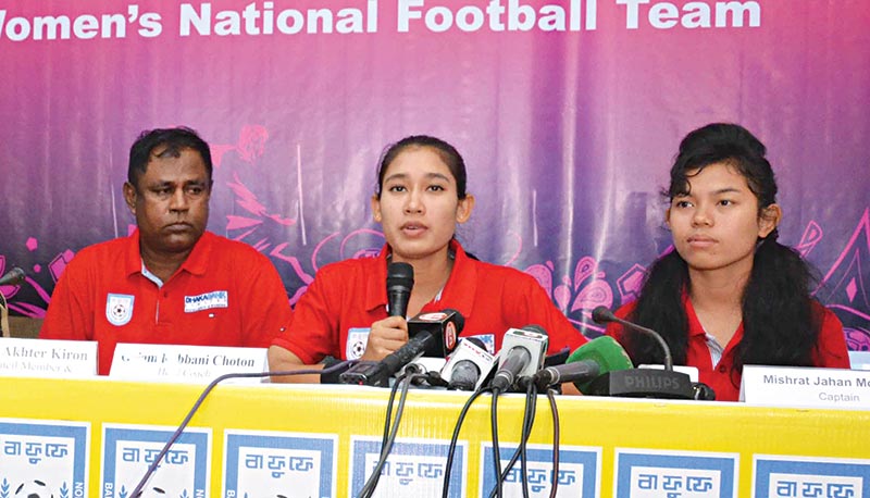 Bangladesh under-19 women's national football team skipper Misrat Jahan Mousumi talking to the media in the presence of coach Golam Robbani Choton (L) and co captain Maria Manda at a press briefing regarding Bangamata Under-19 Women's International Gold Cup on Saturday at the BFF House in Dhaka. photo: BFF