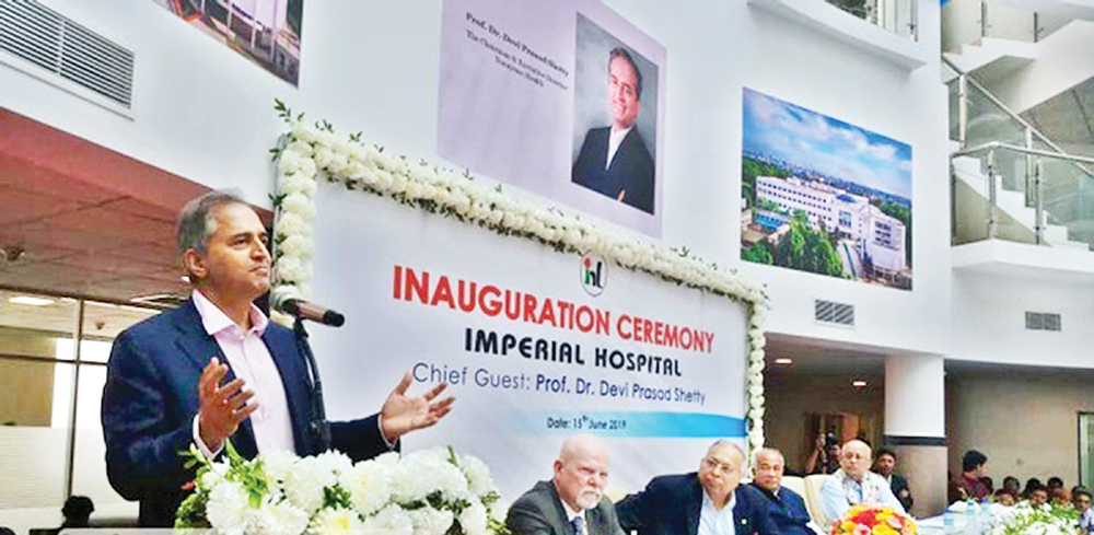Renowned Indian cardiac surgeon Devi Shetty speaking at the inauguration ceremony of �Imperial Hospital� which is located at Pahartali  in Chattogram on Saturday.	photo: observer