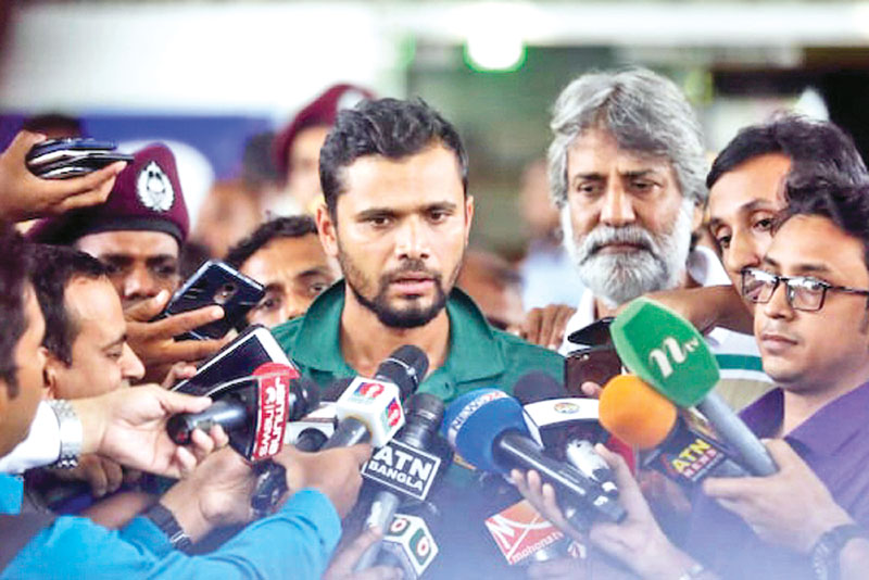 Bangladesh captain Mashrafe Bin Mortaza speaking to the media after arriving at the Hazrat Shahjalal International Airport completing the Cricket World Cup mission on Sunday. 	photo: Observer