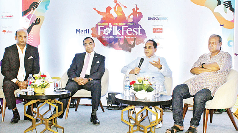 Anjan Chowdhury (2nd right), accompanied by (L-R) Malik M Sayeed, Syed Mahbubur Rahman and Fakir Shahabuddin, speaks at the press conference.