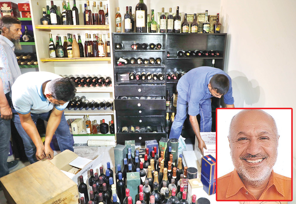 A huge quantity of illegal liquor is found during drives at two houses of Aziz Mohammad Bhai (inset), an industrialist and film producer, in Gulshan-2 in the capital on Sunday.	photo: Observer