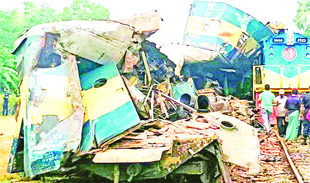 Wreckage of the trains- Turna Nishita and Udyan Express- that collided at Mondobagh of Kashba upazila in Brahmanbaria in the early hours of Tuesday. 	photo: Observer