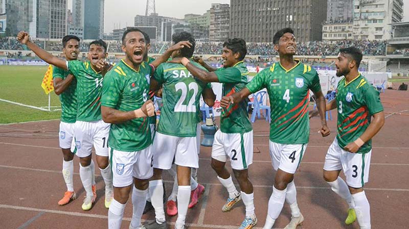 Bangladesh national football team, the Bengal Tigers celebrating after win the first match of two-match FIFA Int'l Friendly series against Nepal at the Bangabandhu National Stadium in Dhaka on Friday.   