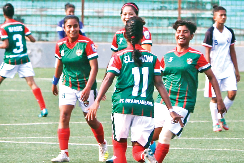 FC Brahmanbaria girls celebrating after winning the match against Sadya Pushkorini Juba Sporting Club in the Women's Football League at Birshreshtha Shaheed Sepoy Mustafa Kamal Stadium, Kamalapur in Dhaka on Wednesday. photo: Courtesy
