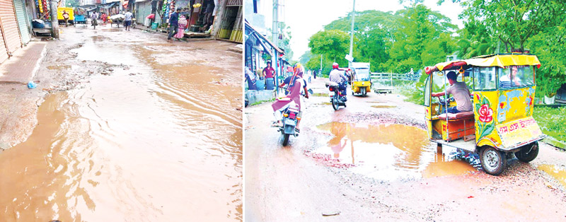The photo shows the deplorable condition of two roads in Barishal City.	photo: observer