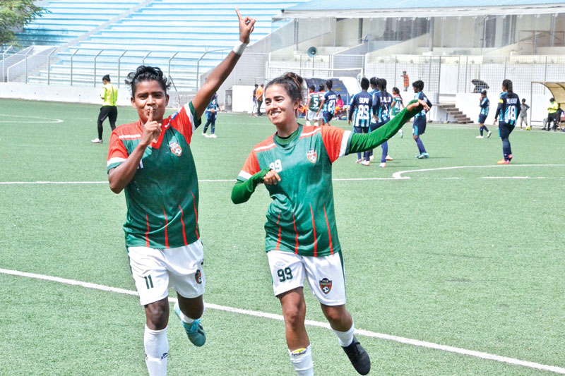 FC Brahmanbaria women celebrating after winning the match against Cumilla United Club in the Women's Football League on Thursday at Shaheed Birshreshtha Sepoy Mustafa Kamal Stadium, Kamalapur in Dhaka. photo: BFF