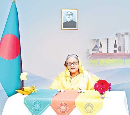 Prime Minister Sheikh Hasina addresses the nation marking the third anniversary of her government for the third consecutive term on Friday evening.	PHOTO: PMO