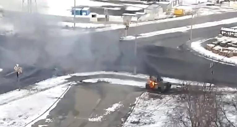 Burning Russian military equipment on the streets of Kharkiv minutes after Russian army entered the city