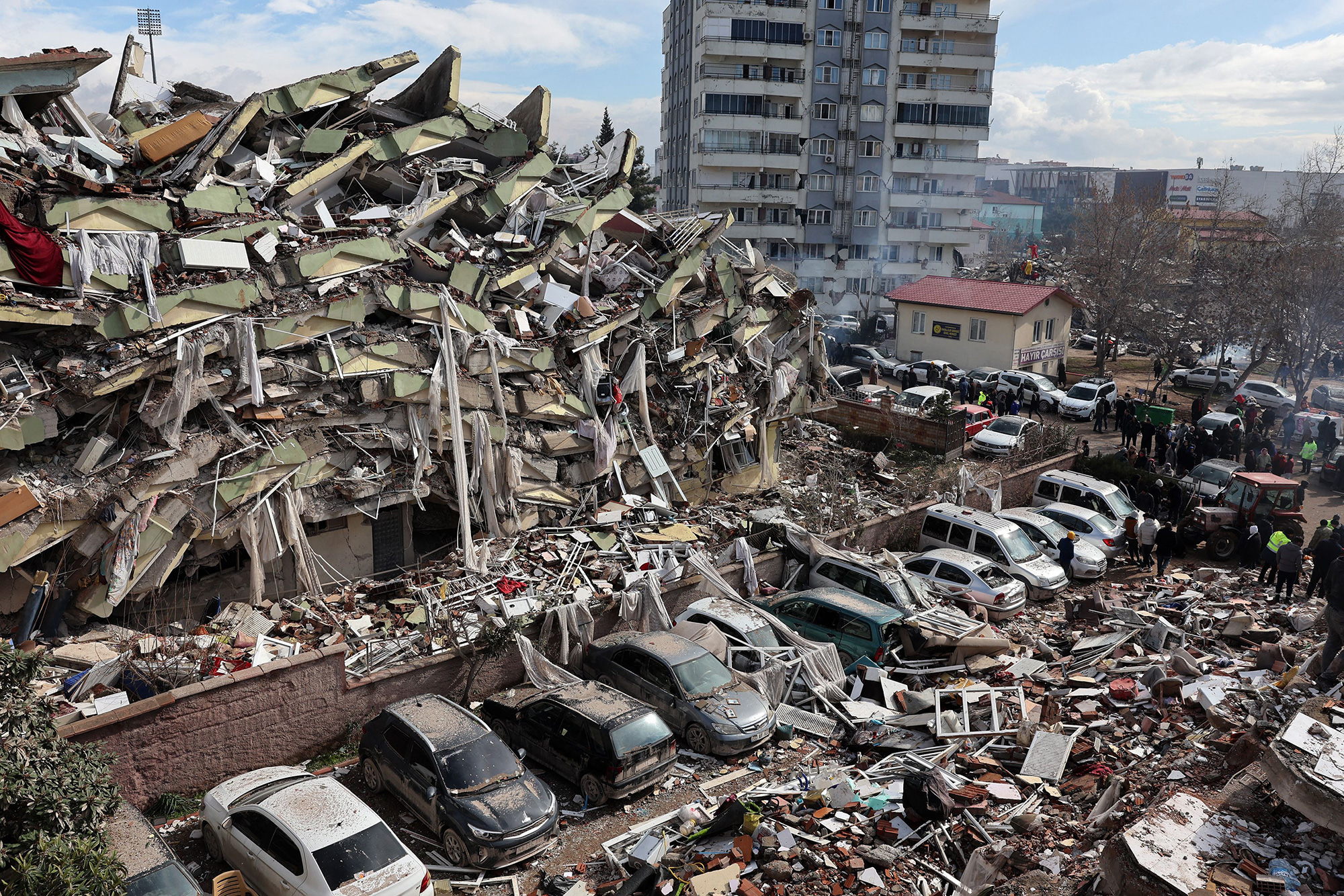 Debris from a collapsed building surrounds an area in Kahramanmaras, Turkey. (Adem Altan/AFP/Getty Images)
