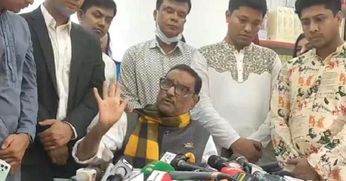 Awami League General Secretary Obaidul Quader speaks while visiting the stall of Bangladesh Chhatra League at Amar Ekushey Book Fair  on Monday 