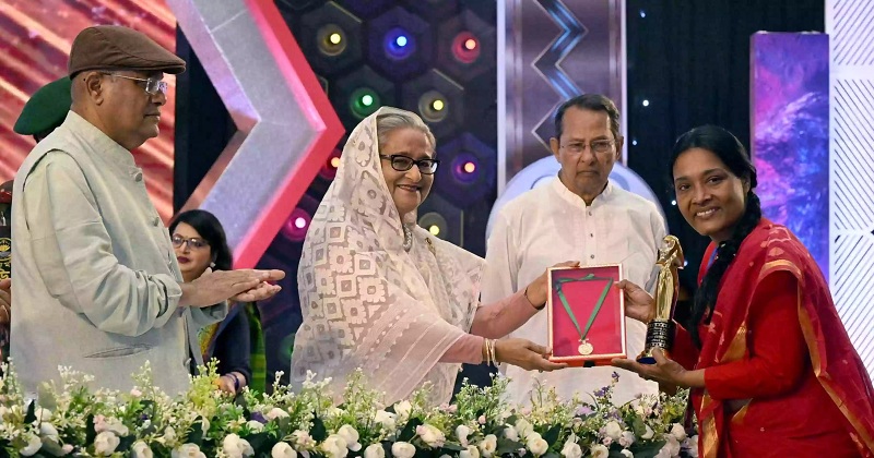 Prime Minister Sheikh Hasina distributes the National Film Awards 2021 among 35 winners under different categories in recognition of their contributions to the film industry at Bangabandhu International Conference Center (BICC) in the city on Thursday (March 9, 2023)