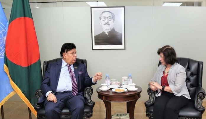  Foreign Minister Dr AK Abdul Momen at a bilateral meeting with UN Secretary General's Special Envoy on Myanmar Noeleen Heyzer held on Tuesday at the Permanent Mission of Bangladesh to the UN in New York.