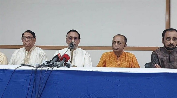 Liberal Democratic Party (LDP) President Col (Retd) Oli Ahmed (2nd from left) speaks at a press conference at his party's Tejgaon office in Dhaka on Friday (May 12, 2023)