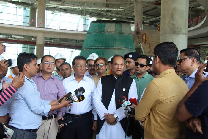 Railways Minister Md Nurul Islam Sujan talks to journalists on the premises of the under-construction iconic railway station building in Cox's Bazar after inspecting the progress of the ongoing Dohazari-Cox's Bazar rail line project on Tuesday (May 16, 2023).
