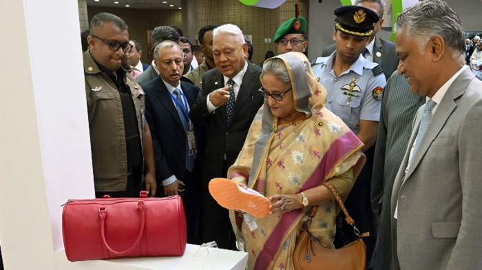 Prime Minister Sheikh Hasina visits a stall after inaugurating the 4th edition of Bangladesh Leather Footwear and Leather Goods International Sourcing Show (BLLISS-2023) at Bangabandhu International Conference Centre in the city on Thursday.