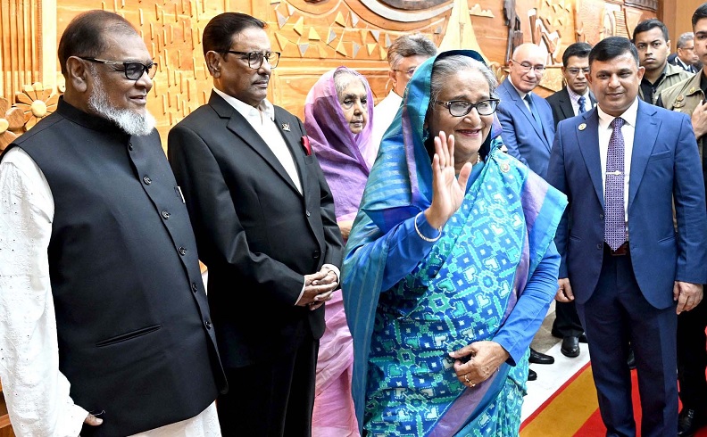 Prime Minister Sheikh Hasina waves hand while leaving Dhaka for Brussels on Tuesday.