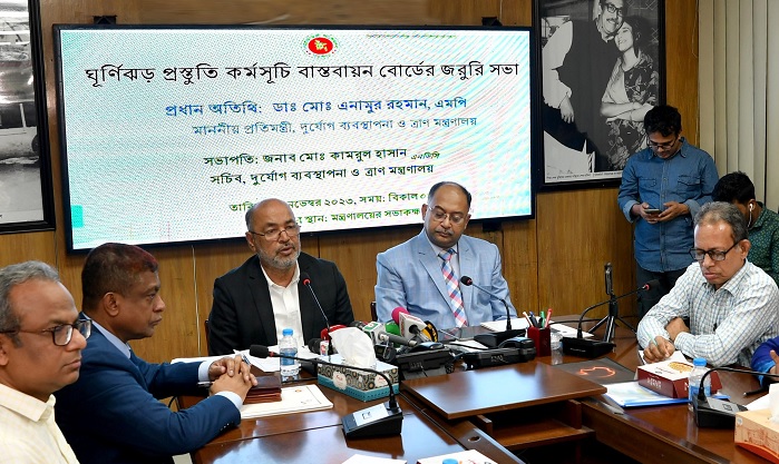 State Minister for Disaster Management and Relief Dr Md Enamur Rahman addresses a press conference at his office at the secretariat on Thursday (November 16) evening