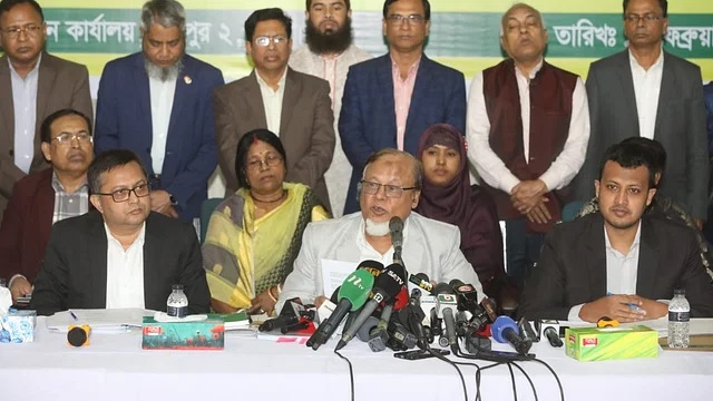Grameen Bank chairman AKM Saiful Majid addresses a press conference at the Grameen Bank office at Mirpur in Dhaka on Saturday (February 17, 2024).