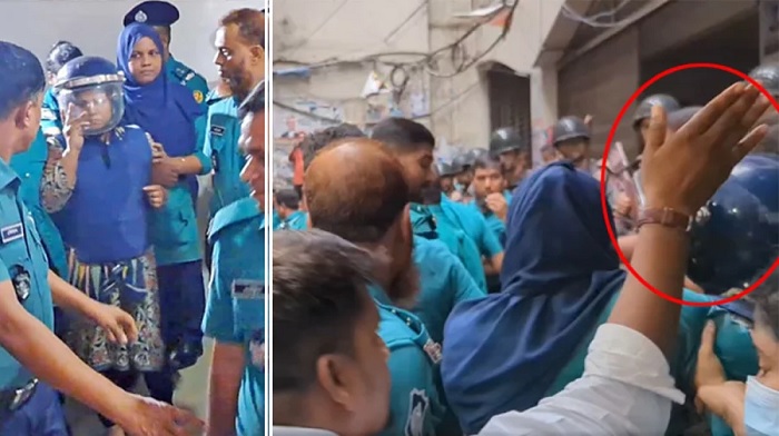 A person was seen putting slap on the head of Farzana Rupa when she and her husband Shakil Ahmed were being produced before a court in Dhaka on Thursday (August 22, 2024)