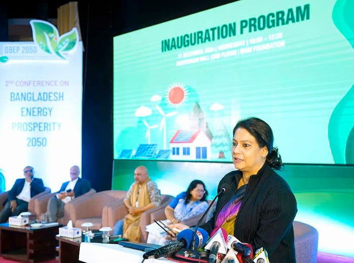 Environment, Forest and Climate Change Adviser Syeda Rizwana Hasan speaks at the Bangladesh Energy Prosperity 2050 conference at the BIAM Foundation Complex in Dhaka on Wednesday.
