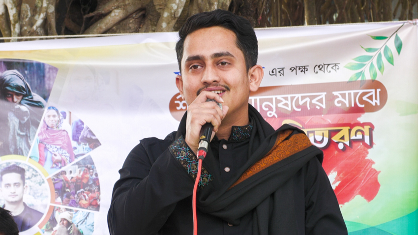 The general secretary of July Memorial Foundation Sarjis Alam speaking at winter clothes distribution programme in Panchagarh. Photo: Observer