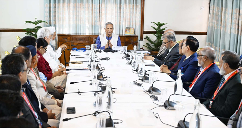 Chief Adviser Professor Muhammad Yunus spoke today at a function held at the State Guest House Jamuna in Dhaka. Photo: PID