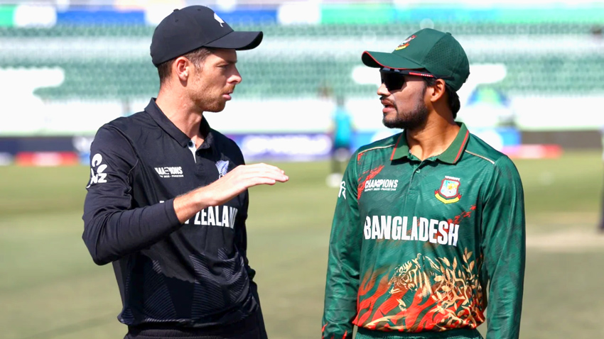 Mitchell Santner and Najmul Hossain Shanto have a chat at the toss on Monday • Photo: ICC