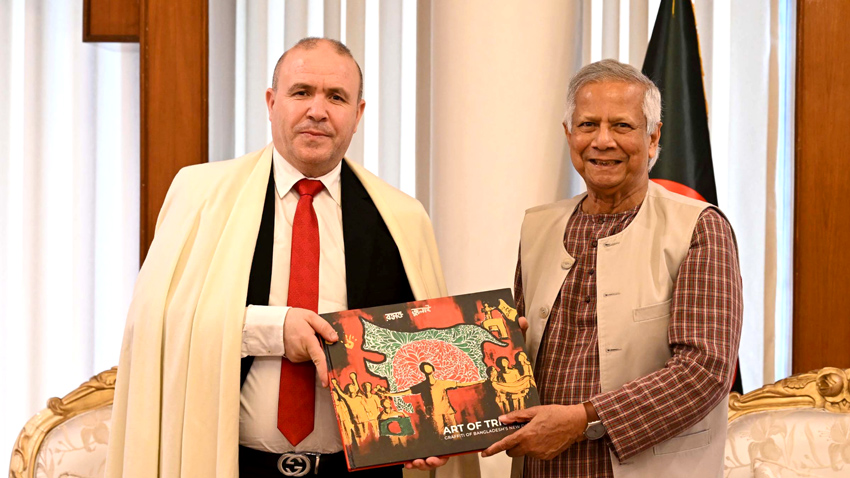 The Ambassador of Algeria to Bangladesh, Abdelouahab Saidani, called on Chief Adviser Professor Muhammad Yunus on Monday at the State Guest House Jamuna in Dhaka. Photo: PID