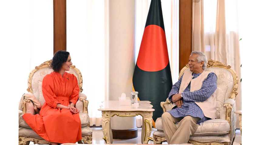 EU Commissioner Hadja Lahbib meet with Bangladesh's Chief Adviser, Professor Muhammad Yunus, at the State Guest House Jamuna in the capital on Monday. Photo: PID