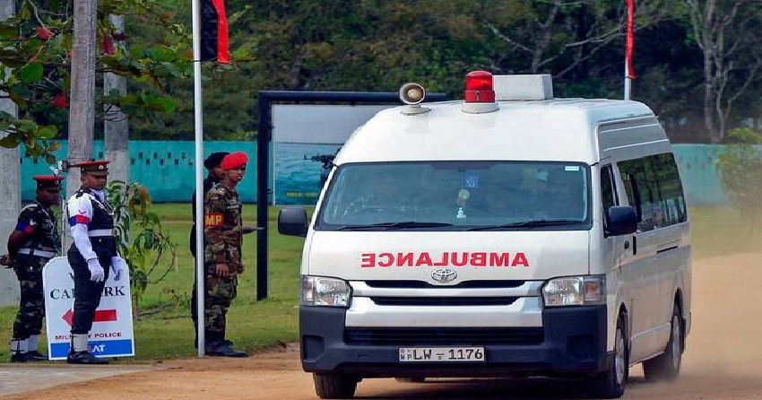 An ambulance transports victims of a helicopter crash, in Maduru Oya, east of capital Colombo. Photo: AFP