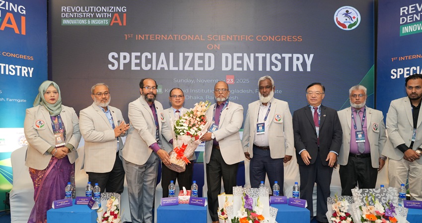 Prof. Dr. Salauddin Swapon,President, Special Healthcare Foundation handing over a flower buke to the Special Guest Prof. Dr. Harun Al Rashid, President, Doctors Association of Bangladesh ( DAB)  and Chairman, National Institute Hospital at the programme on Sunday - Observer