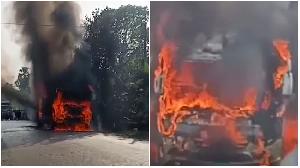 Passenger bus catches fire in Jashore