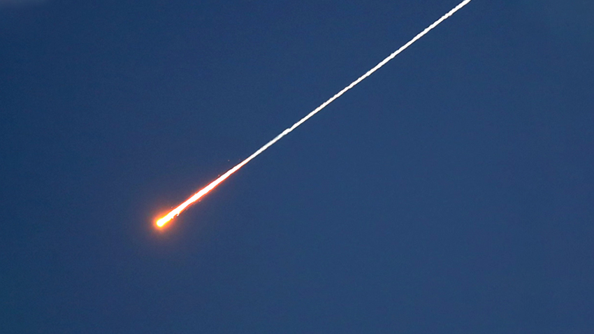 Missile traces launched from Yemen at Israel sighted in the sky over Hebron, West Bank. Photograph: Anadolu/Getty Images