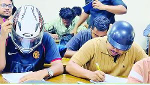 Students wear helmets in exam halls at JnU over safety concerns 