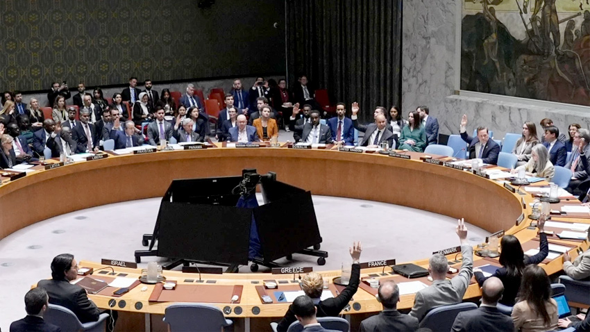 Members of the Security Council vote on a resolution at United Nations headquarters, Wednesday, March 11, 2026. (AP Photo/Seth Wenig)