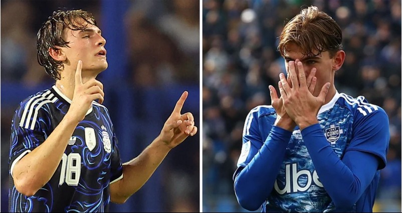 Paz has been known to emulate Lionel Messi's iconic goal celebration by pointing to the sky with both hands after scoring (left) but during his recent run of finding the net in Serie A, he preferred to cover his face with his hands and use 'the mask' (right)