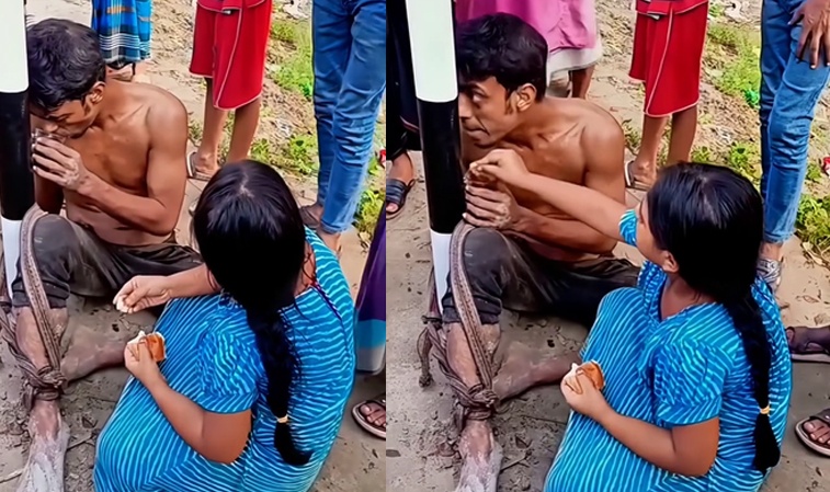 Daughter feeds bread to father tied to pole over theft allegation