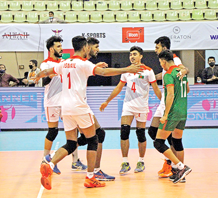 Bangladesh men's national Volleyball team celebrating its second win in the Bangabandhu Asian Central Zone Men's Volleyball Challenge Cup 2021 after beating the Maldives on Friday at Shaheed Suhrawardy Indoor Stadium, Mirpur in Dhaka. photo: Observer DESk