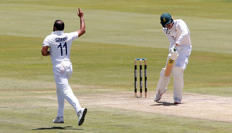 India's Mohammed Shami celebrates the dismissal of South Africa's Marco Jansen during day five of the first Test in Pretoria Thursday. Photo: Reuters