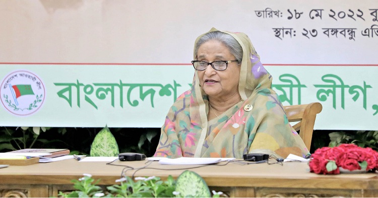  Prime Minister Sheikh Hasina addresses a discussion arranged by Awami League to mark her homecoming from exile in India in 1981 at the party's central office at 23 Bangabandhu Avenue on Wednesday joining virtually from her official residence Ganabhaban.