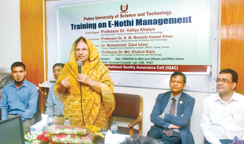 PSTU VC Prof Hafiza Khatun, as chief guest, inaugurating the three-day workshop on 'E-Nothi Management' on Sunday.    photo: observer