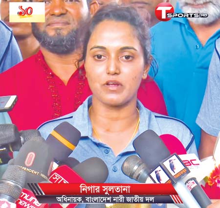 The Bangladesh Women's cricket team captain Nigar Sultana Joty speaks at the Hazrat Shahjalal International Airport after arrived from UAE becoming champion of T20 World Cup Qualifiers on Tuesday.  	photo:: screenshot